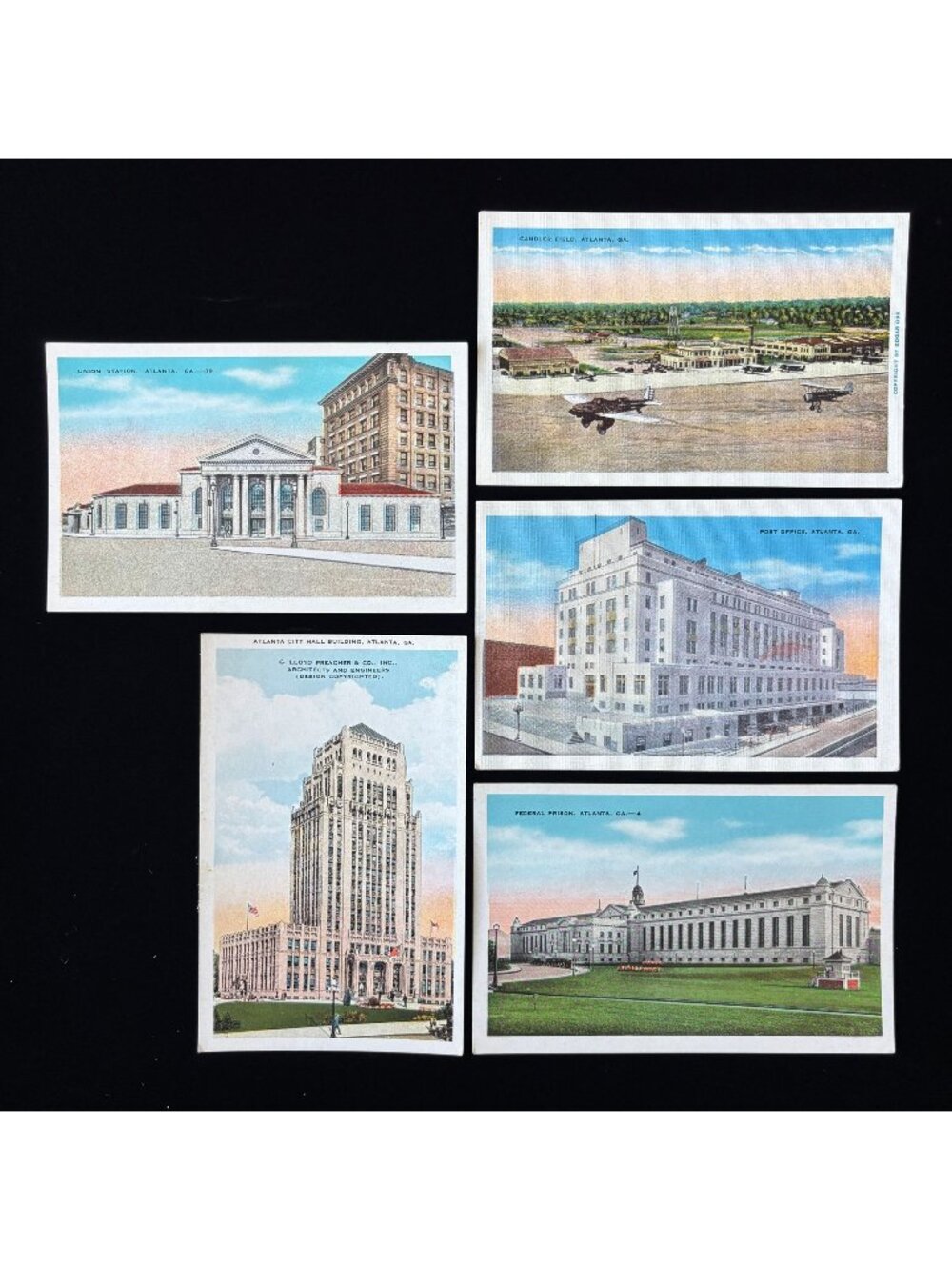 Vintage Postcard Lot 5 Atlanta GA Candler Airport City Hall Prison Post Office